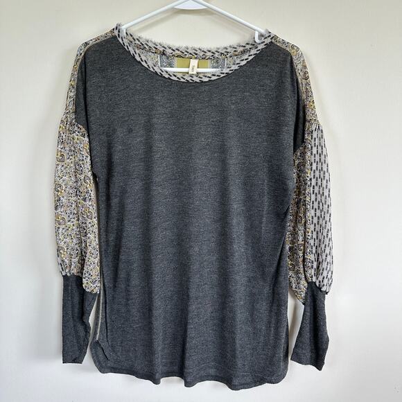 Anthropologie Tops - Anthropologie TINY Raye Boho Mixed Media Top Boat Neck Sheer Sleeves Gray SMALL